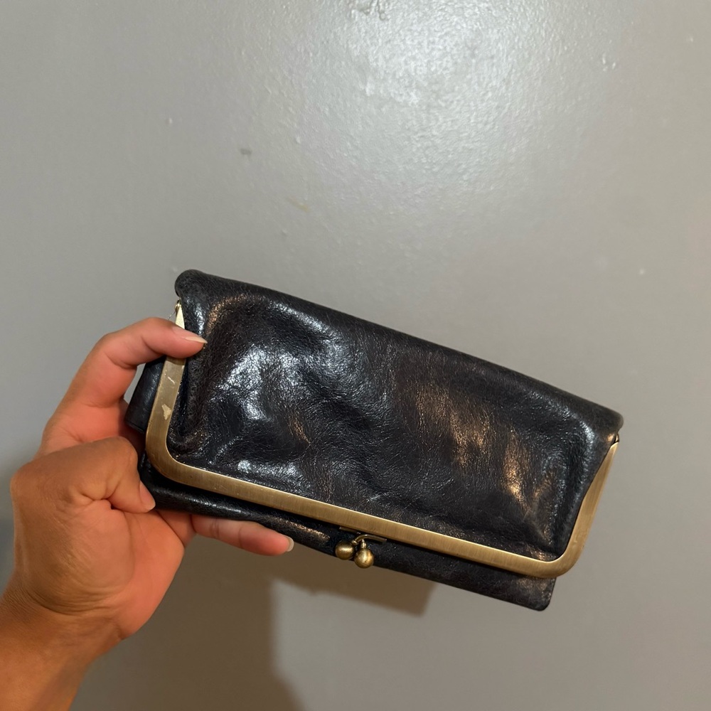 HOBO Black Leather Clutch with Gold Trim